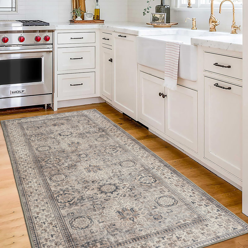 Nel Paz Border Beige Gray Ivory Machine Washable Area Rugs, Rectangle 4' x 6'