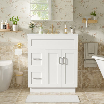 [Vidéo] Meuble-lavabo de 30 pouces avec 2 portes, 2 tiroirs, tablette réglable, glissières cachées pour les tiroirs et charnières pour portes