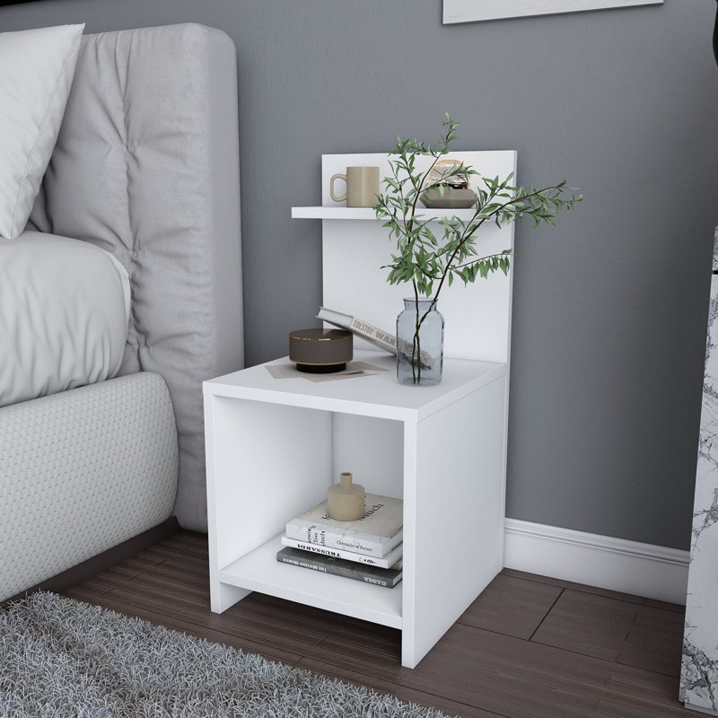 Table de chevet blanche moderne, 14,0 x 14,7 x 28,3 pouces | 100% panneau de particules enduit de mélamine, épaisseur: 0,7 pouce | Conception élégante, parfaite pour la chambre à coucher ou le salon, solution de rangement élégante