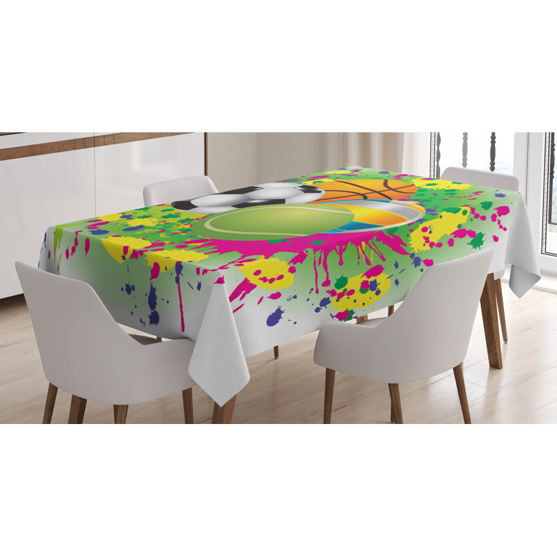 Ambesonne Sports Tablecloth, Pattern Of Sports Balls On Watercolors Splash Vibrant Art Graphic Kids Playroom, Rectangular Table Cover For Dining Room Kitchen Decor, 52" X 70", Multicolor