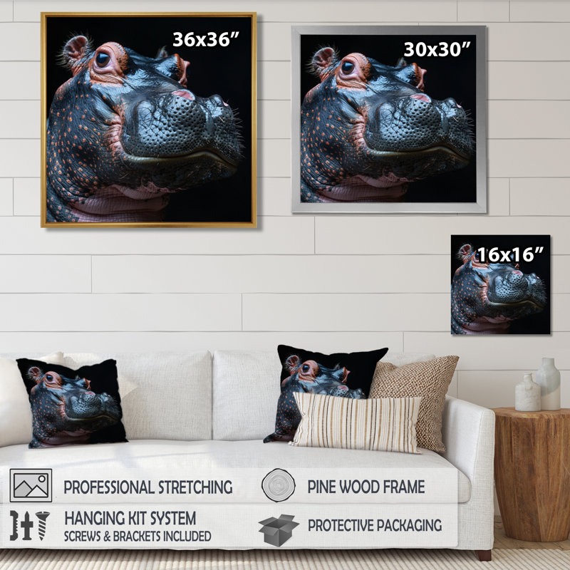 Décoration murale hippopotame sur fond noir II - Hippopotame animal, Toile tendue, H 16 po x l 16 po x P 1 po