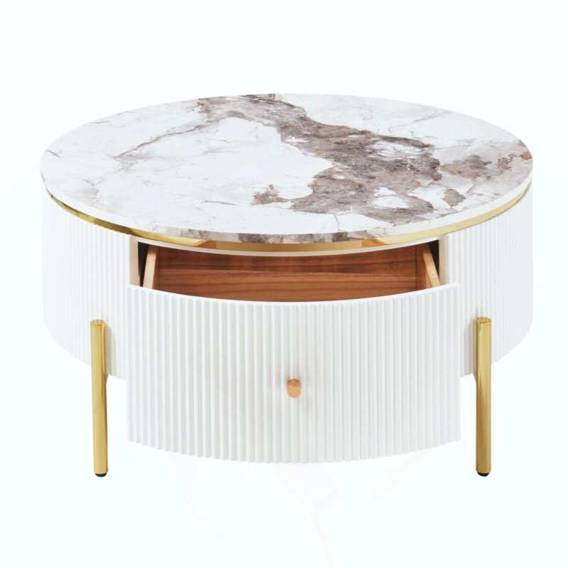 Modern Round Coffee Table With 2 Large Drawers Storage Accent Table