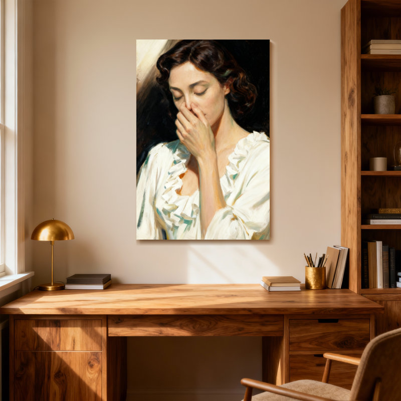 Femme à la mode en robe blanche avec la main sur le visage, H 24 po x l 16 po