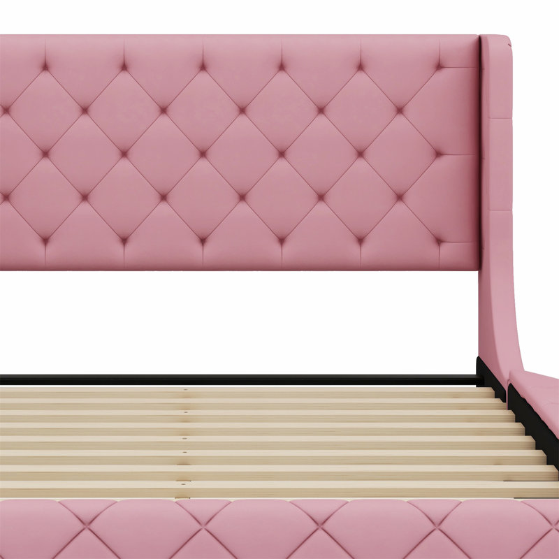 Lit plateforme tapissier avec tête de lit à oreilles, grand tiroir et 2 tabourets de rangement latéraux, Rose