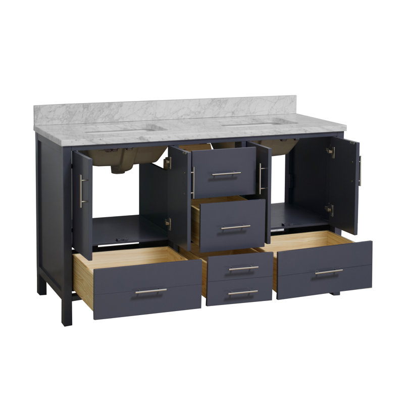 Ensemble de meuble-lavabo double 60 po Kiara, Gris marine, Marbre de Carrare