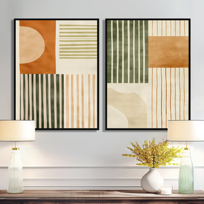 Ensemble de 2 art muraux encadrés éthéré orange et vert - Mid-Century