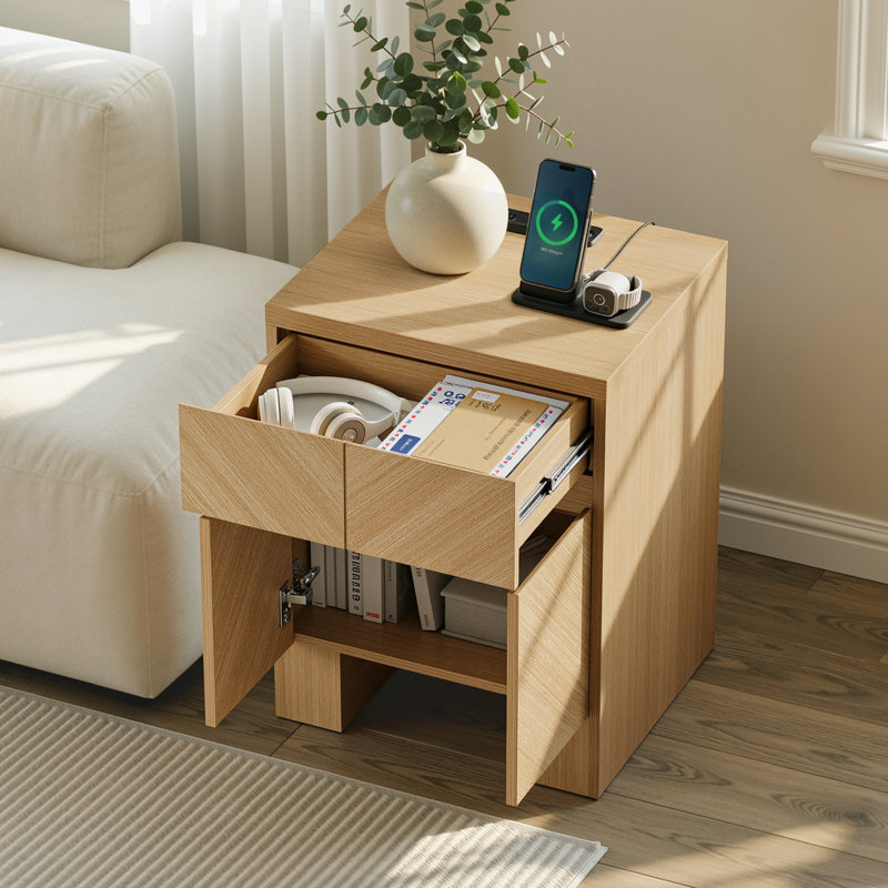 Table de chevet moderne en bois 23,5 po avec station de charge, tiroir et armoire de rangement pour la chambre à coucher, assemblage facile