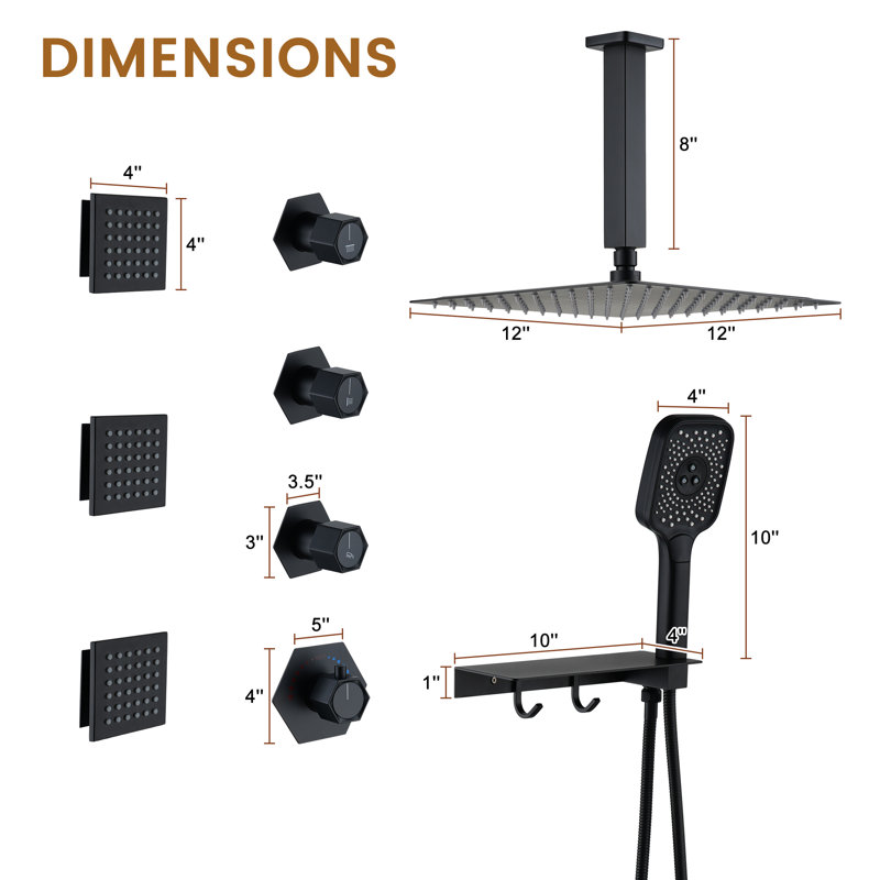 Système de douche thermostatique 12 "avec 3 jets de corps et tablette de rangement, Noir mat