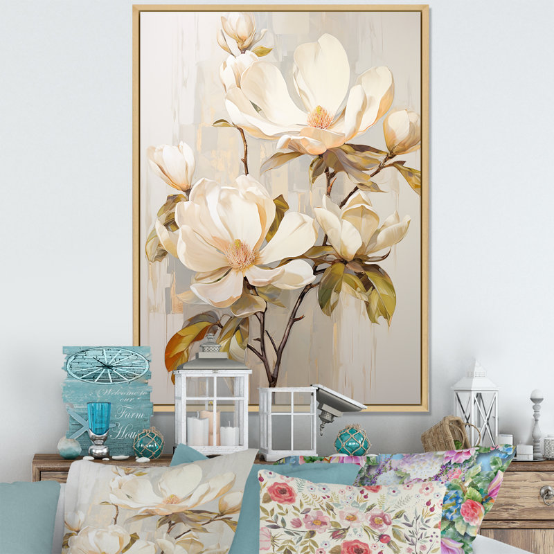 «Elegant Beige Magnolias Tranquility II», reproduction sur toile, Cadre naturel flottant, H 40 po x l 30 po x P 1,5 po