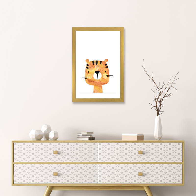 Tigre - impression d'art graphique, Blanc, H 24 po x l 16 po x P 1 po, Papier encadré doré