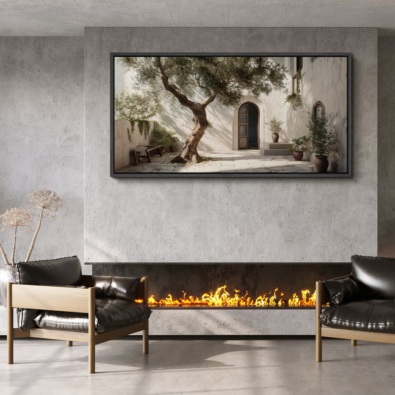 Sunlit Cour avec olivier, reproduction d'art sur toile encadrée dans la chambre principale, Noir, 30" H x 60" W x 1.5" D