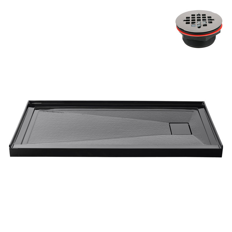 72 in. x 36 in. Alcove Acrylic Shower Base in Glossy Black With Right Drain, Drain Included, Glossy Black