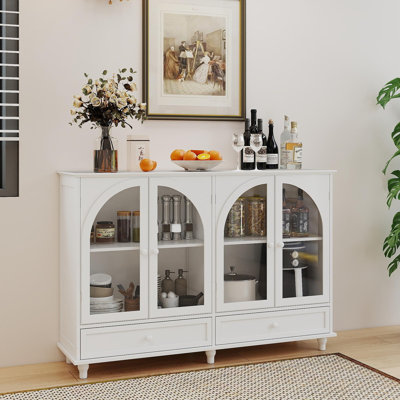 Buffet blanc en verre arqué avec buffet, 2 tiroirs et 4 portes en verre, armoire de présentation avec tablettes réglables, armoire de cuisine moderne pour le vestibule du salon