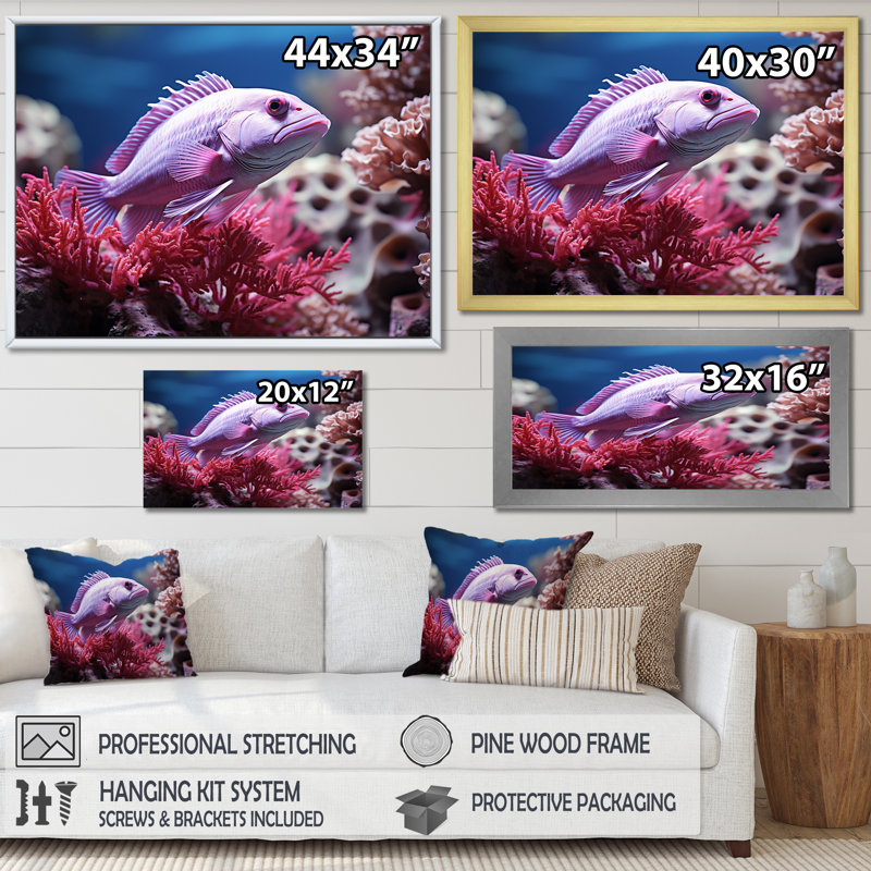 «Purple Fish Dance In Coral» sur toile, Cadre simple noir, H 34 po x l 44 po x P 1,5 po