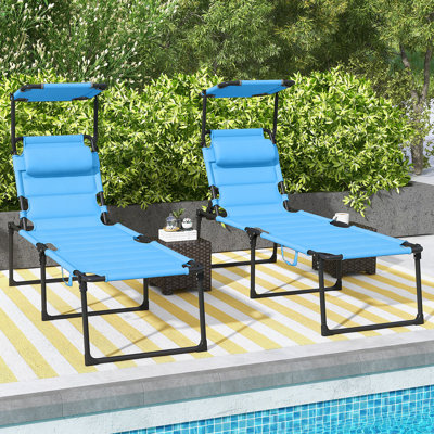 Adjustable Backrest Folding Chaise Lounge, Cushioned Tanning Chair With Sunshade And Pillow For Outdoor Relaxation