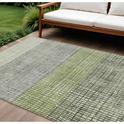 Tapis intérieur/extérieur lavable, motif géométrique vert artichaut et gris, 2,74 m x 3,66 m