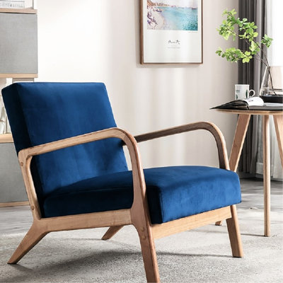 Chaise d'appoint de style Mid-Century moderne bleu avec revêtement en velours et structure ouverte pour plus de confort dans les espaces de vie, 25,01 lb, 28,63 po. Fauteuil haut de style chambre à coucher ou ambiance de pièce, toute la quincaillerie