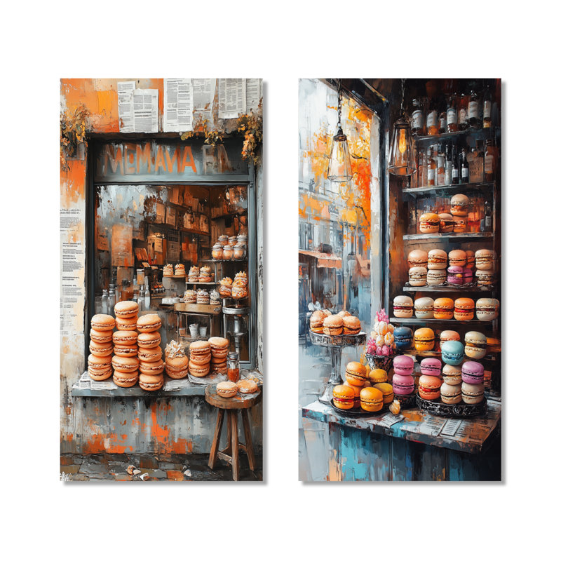 Orange et gris, desserts Macaroon Bar I - Dessert, ensemble de 2 reproductions d'art mural en métal, H 32 po x l 32 po