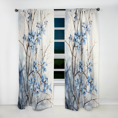 Blue And Grey Leave On Branch - Leaves Velvet Blackout Floral Curtain - 1 Panel