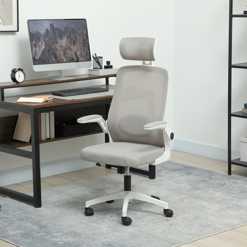 Ergonomic Office Chair, High Back Desk Chair with Flip-up Armrest, Rotatable Headrest, Tilt Function, Adjustable Lumbar Support, Swivel Wheels, Mesh Computer Chair for Home Study, Black