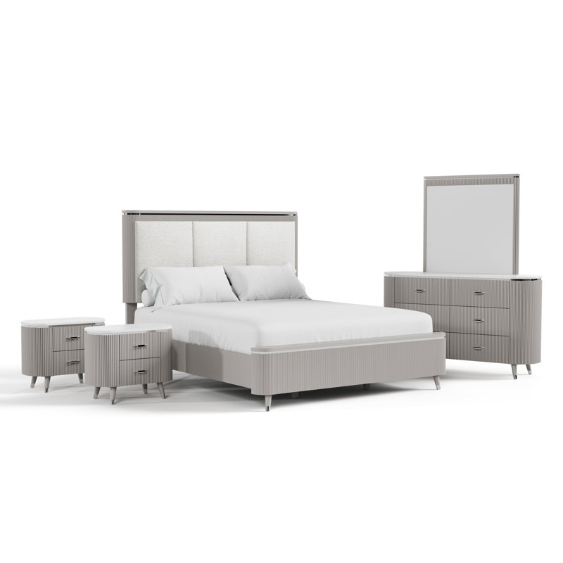 Cavin 5-Piece Bedroom Set (1 Bed + 2 Nightstands + 1 Dreser + 1 Mirror), Queen