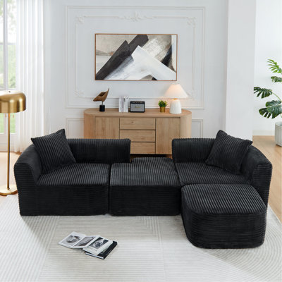 114" Cloud Sectional Couch with L-Shape Chaise,Modular Sofa with Movable Ottoman,Upholstered Couches for Living Room Bedroom,No Assembly Required,Black