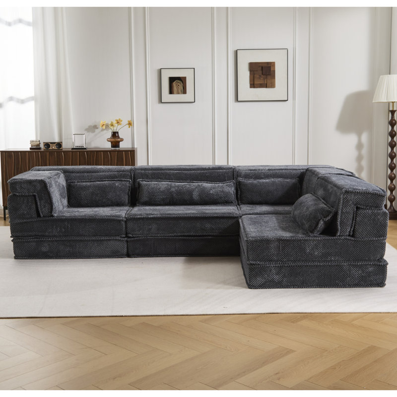 Compression Mahjong Sofa,Convertible Floor Sofa Bed,DIY Boneless Modular Sectional Sofa,No Assembly Required,Circle Fleece Fabric,Oversized 4 Seater With 4 Pillows,Dark-Grey