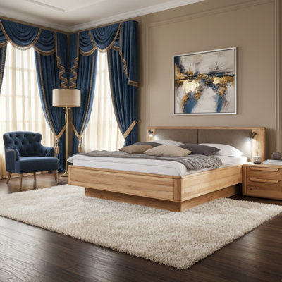 Ensemble de chambre à coucher 4 pièces en bois massif de style européen avec éclairage de tête de lit à DEL, 2 tables de chevet et commode