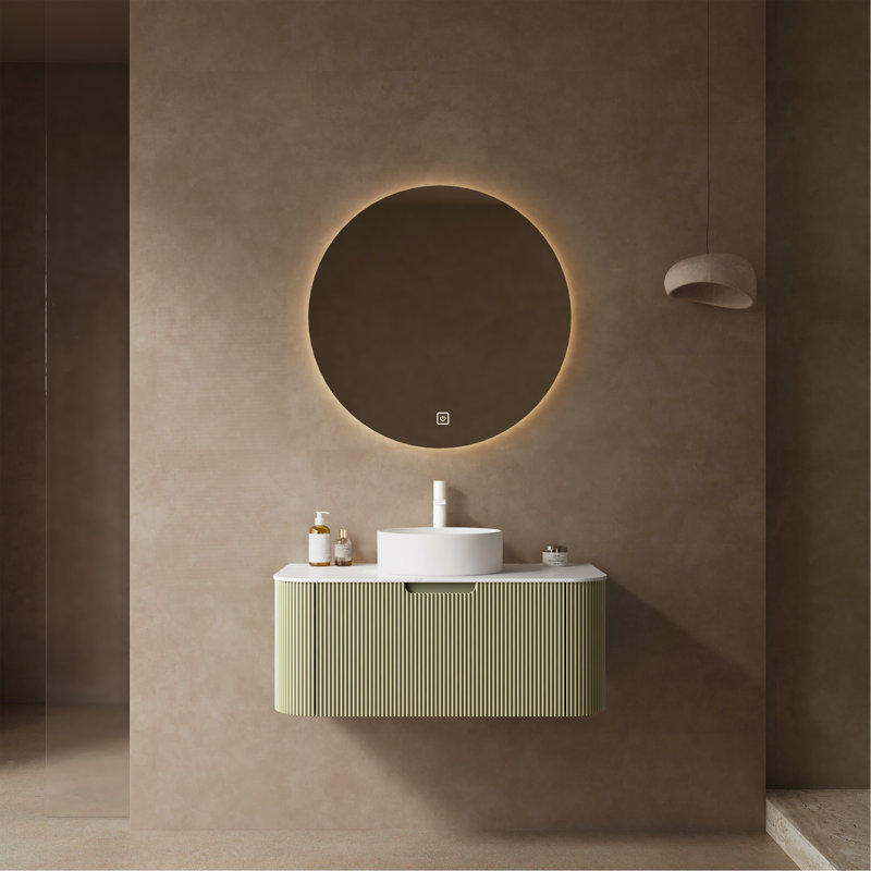 Meuble-lavabo de salle de bain 36 po avec lavabo, meuble-lavabo mural moderne à bords arrondis et courbes avec tiroir, lavabo rond en céramique blanc sans robinet, pré-assemblé, couleur vert clair