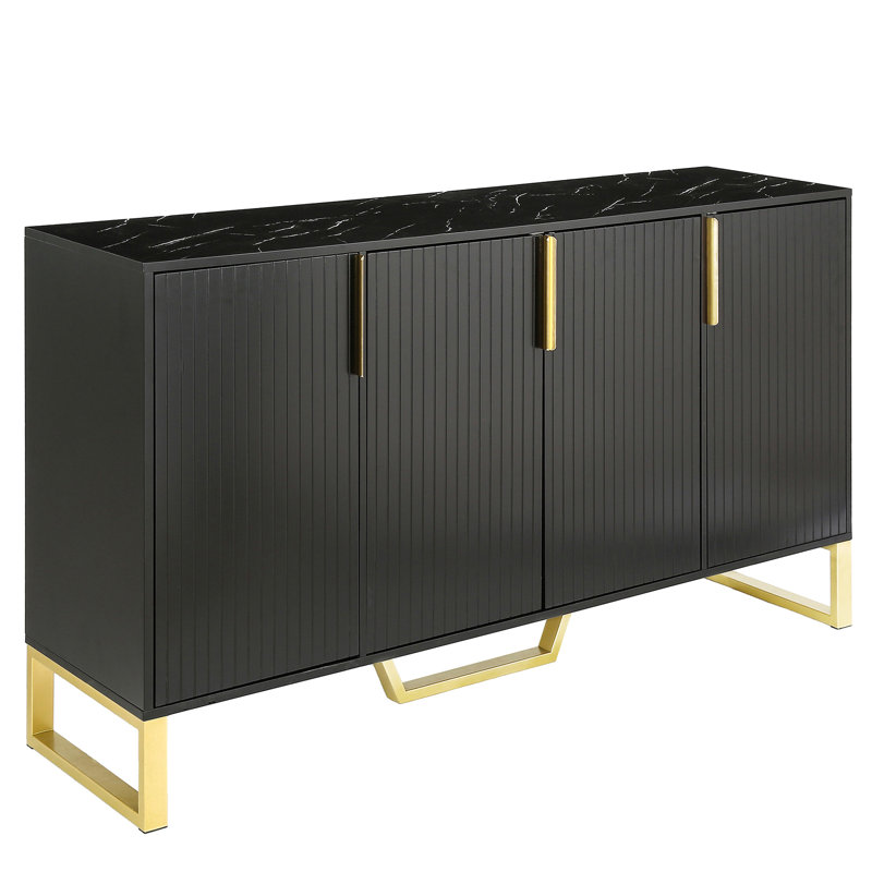 Buffet noir avec quatre portes, tablettes réglables, poignées et pieds en métal avec tablettes et garnitures modernes, Noir