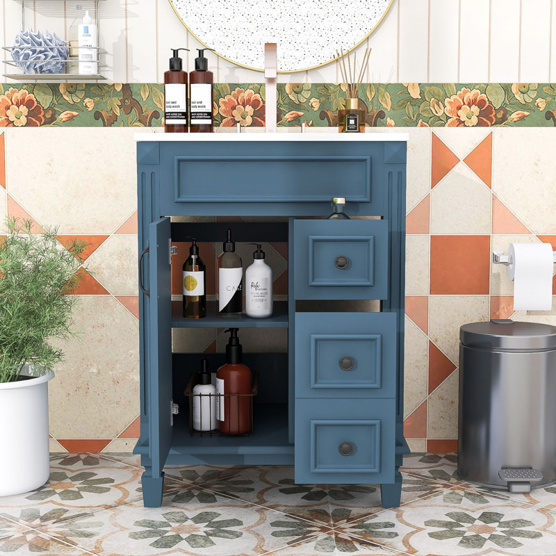 Meuble-lavabo simple autoportant moderne avec lavabo en céramique, tablette réglable et charnières à fermeture douce, Blue