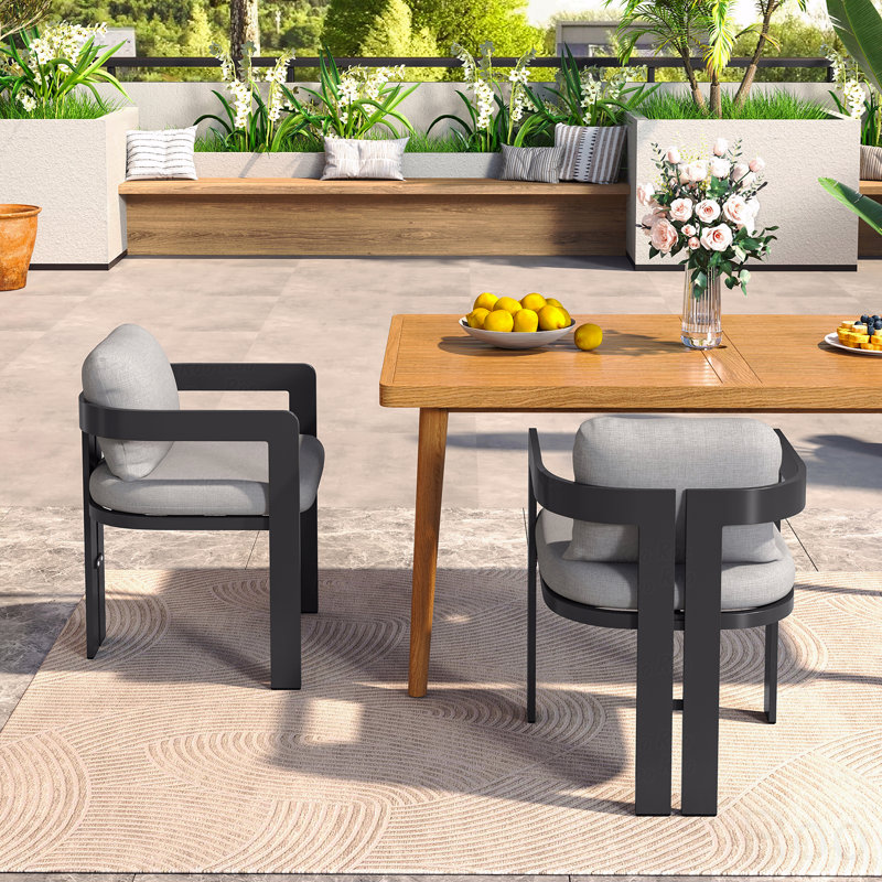 Set Of 2 Outdoor Patio Dining Chair, Aluminum Black Finish With Grey Cushion, Gray