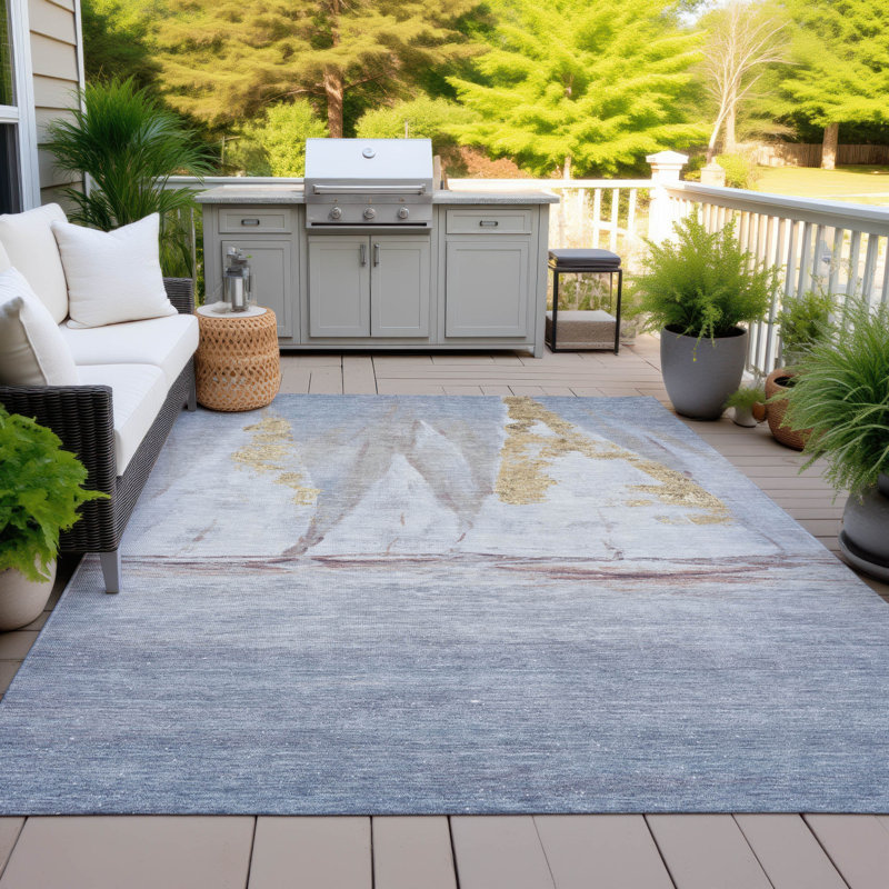 Tapis bleu intérieur / extérieur lavable à la machine Xhevrie, Rectangle 10 pi x 14 pi