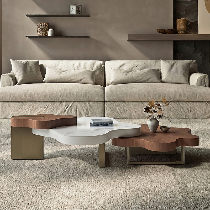 Luxury Cloud-Shaped 3-Piece Nesting Coffee Table Set, Sintered Stone & Walnut Top, Antique Bronze Metal Legs, Modern Artistic Living Room Center Table