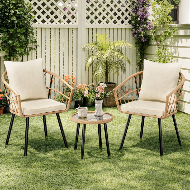  3 Piece Bistro Set, Rattan Garden Furniture Set with Tempered Glass Table, 2 Chairs, Removable Cushions, Patio Set for Porch, Garden, Deck, Beige