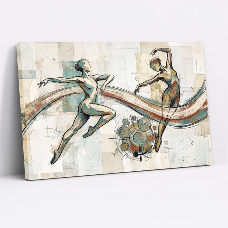 Figures stylisées de danseuses aux tons turquoise et rouille, croquis sur toile murale, H 12 po x l 18 po
