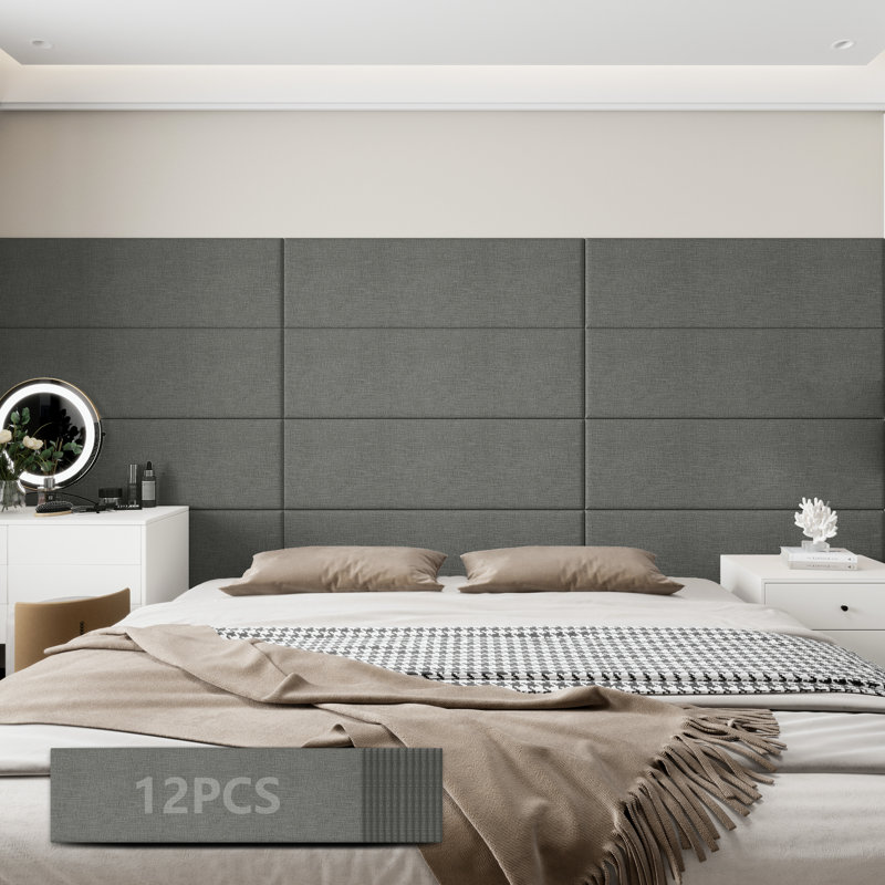 Peel and Stick Upholstered Wall Paneling in Grey Linen Polyester Blend Textured, 30cm H x 90cm W