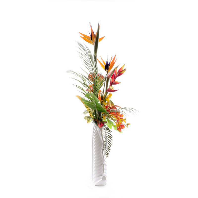 Tropical Flower Arrangement in White Leaf Vase