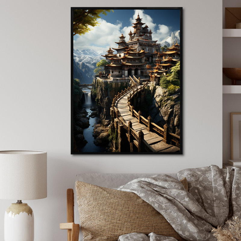 Art asiatique, monastère tibétain II - Impression sur toile asiatique, H 20 po x l 12 po x P 1 po, Cadre flottant noir