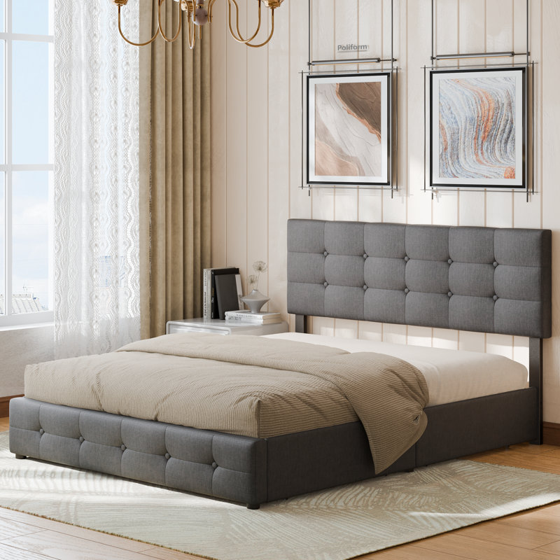 Upholstered Bed Frame with 4 Storage Drawers & Adjustable Tufted Headboard (Queen), Queen