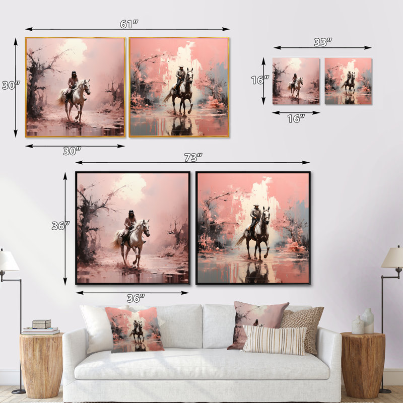 Cheval romantique au galop - ensemble de 2 animaux carrés, Cadre flottant doré, H 30 po x l 61 po