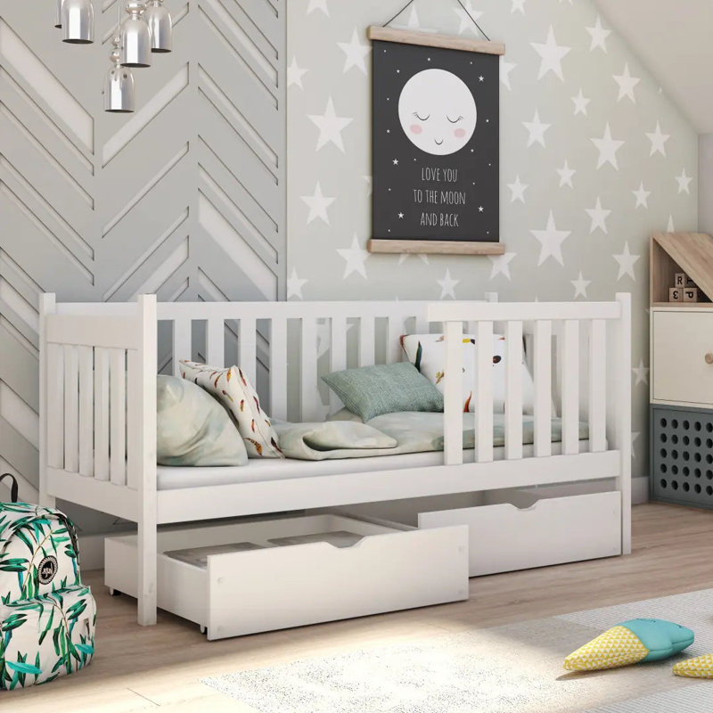 Wooden Single Bed with Storage 90x190cm - Safe Guardrail & Double Drawers, Graphite