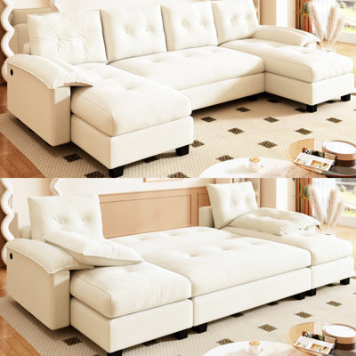 Canapé-lit en forme de U, lit convertible 2 en 1, amovible, ports, modulaire, revêtement en chenille orange, gris
