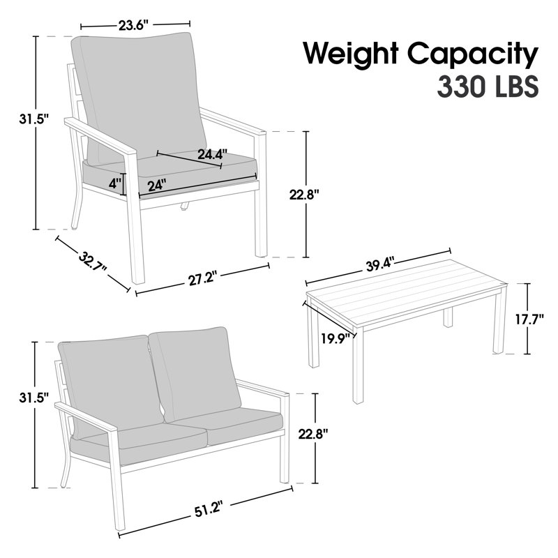 Ensemble de meubles de patio 4 pièces, ensemble de conversation extérieur avec coussin de siège lavable amovible, Gris