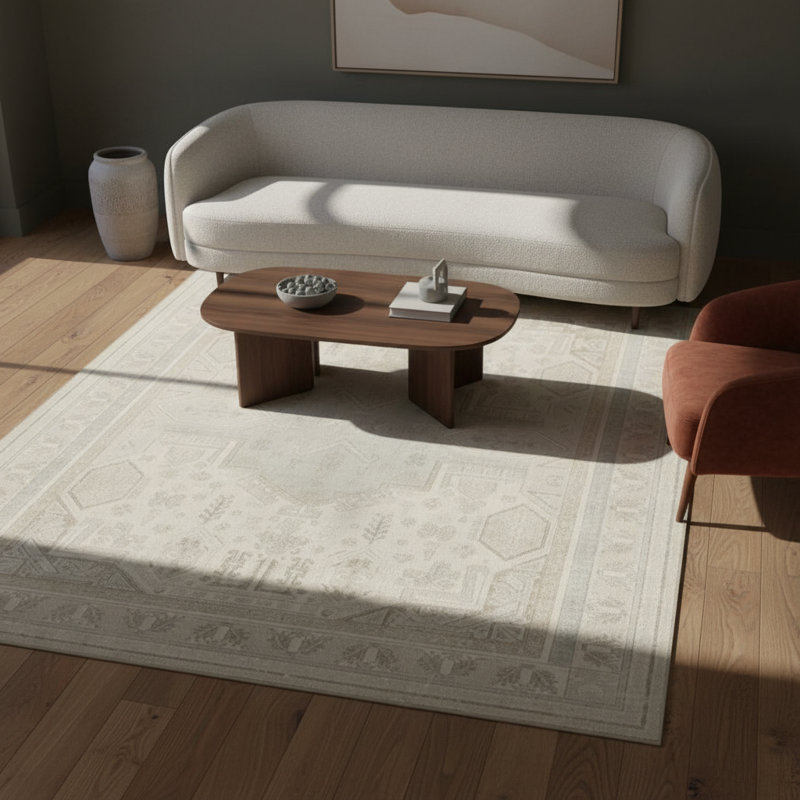 Cream Colored Traditional Patterned Geometric Woven Floor Carpet, Rectangle 4' x 5'11"