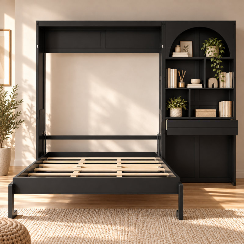 Grand lit plateforme escamotable de 87,4 po avec armoire à DEL et tiroir de rangement Zak, Noir