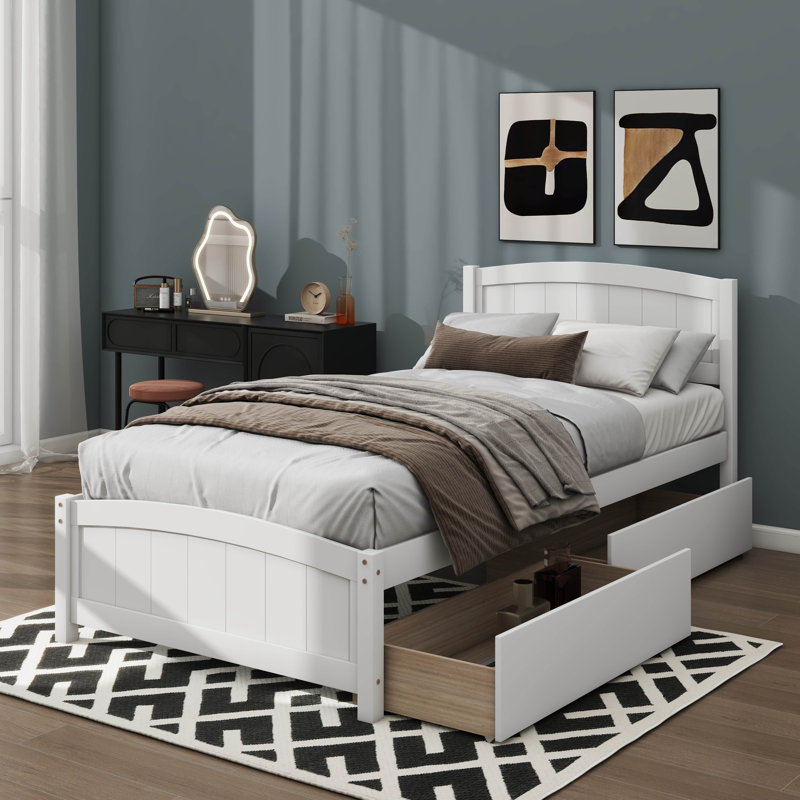 Lit plateforme simple avec deux tiroirs, Blanc