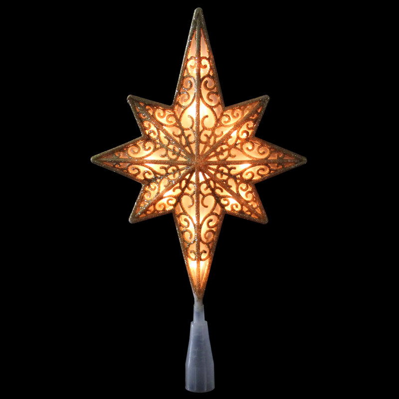 10" Lighted Gold Frosted Star of Bethlehem with Scrolling Christmas Tree Topper - Clear Lights