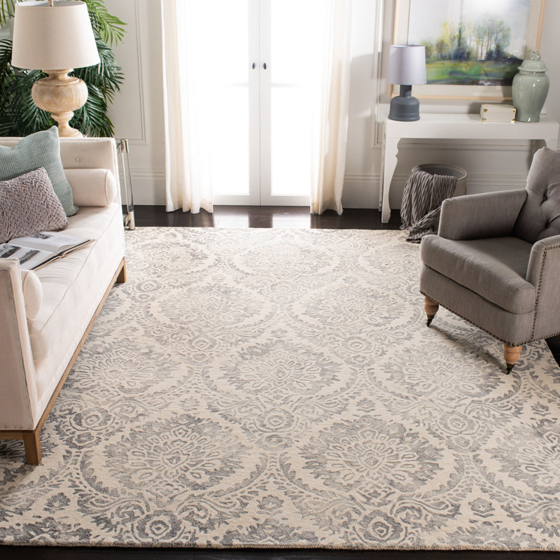 Tapis en laine / coton / latex touffeté à la main Oakton en argent / ivoire, Rectangle 5 pi x 8 pi