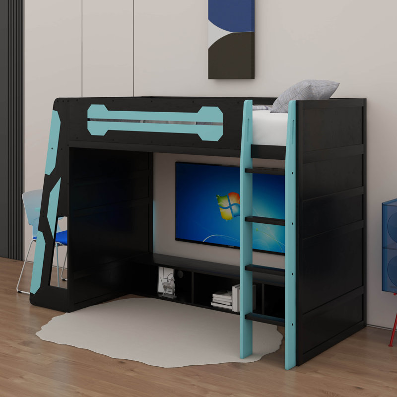 Lit mezzanine simple avec bureau et lumière RVB, Bleu nuage